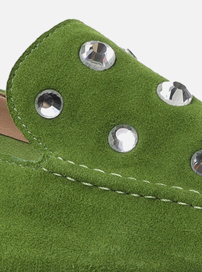 Mocassim Verde Couro Salto Rasteiro Strass