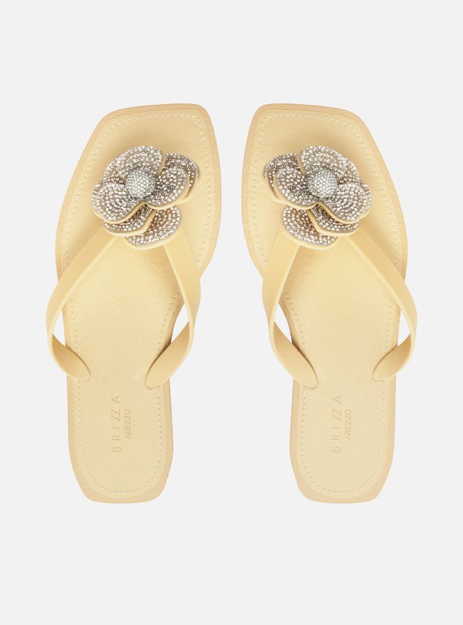 Chinelo de Dedo Bege Recouro Square Flor Strass