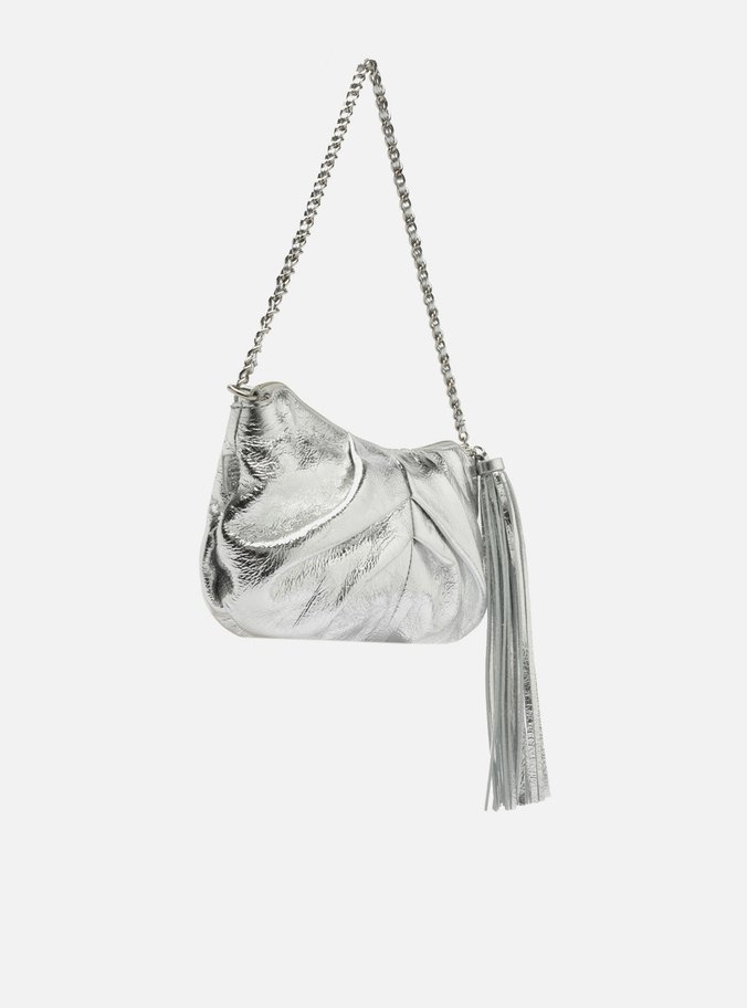 Bolsa Shoulder Prata Couro Grande Franzida