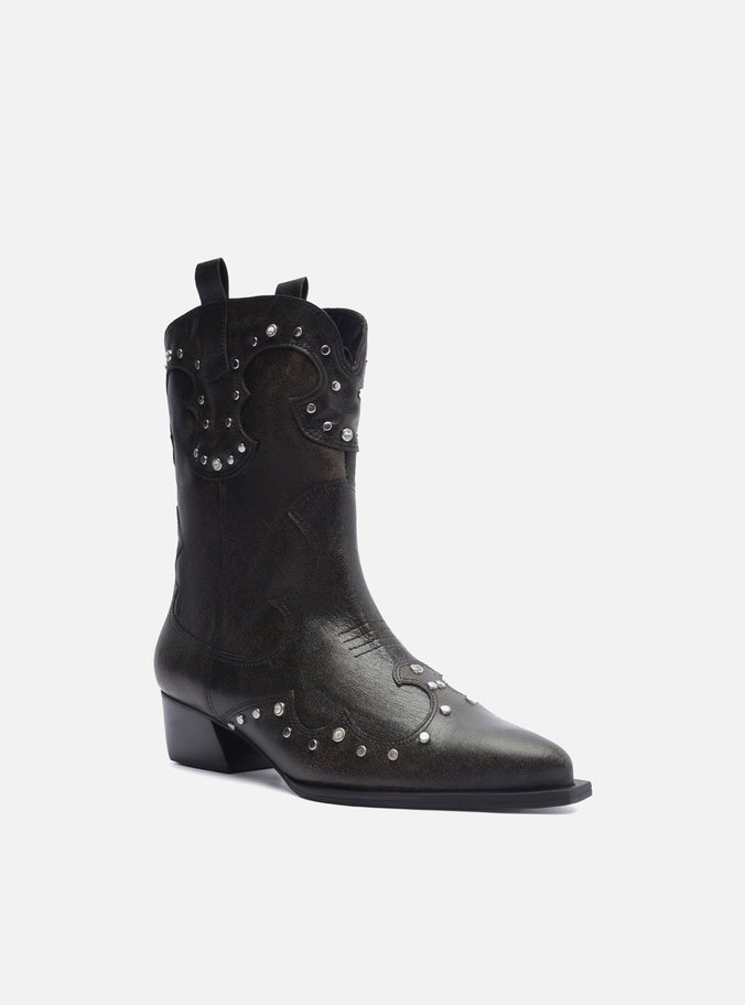 Bota Preta Couro Worn Cano Curto Western Folk