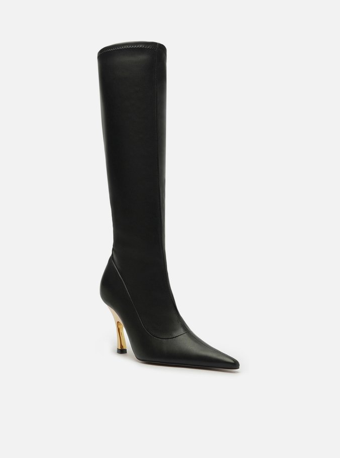 Bota Preta Skinny Cano Longo Salto Dourado