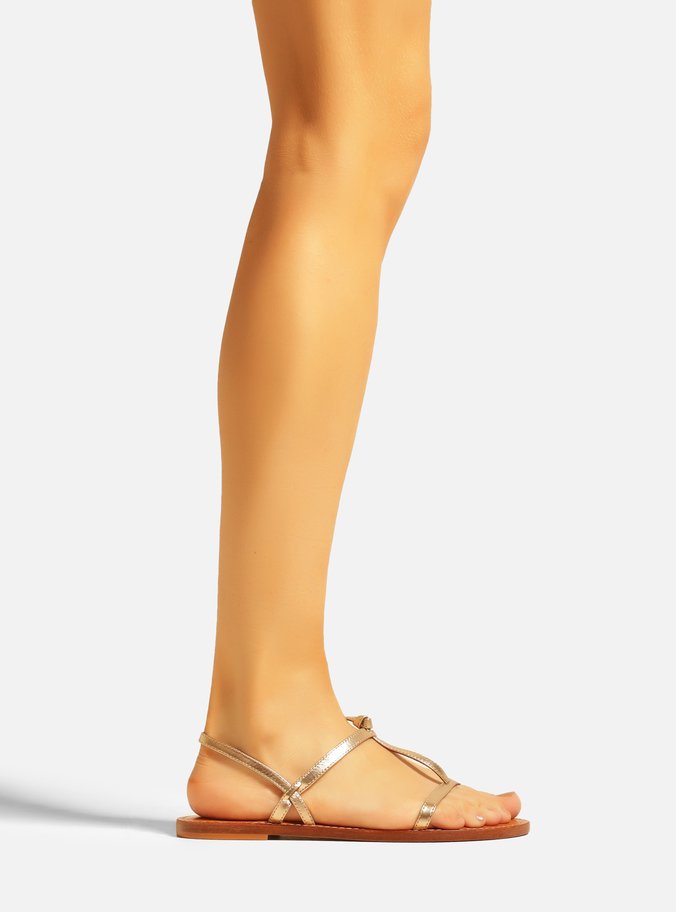 Sandália Rasteira Dourada Couro Tiras Ella