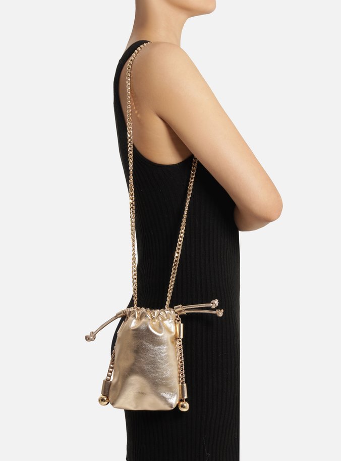 Mini Bag Dourada Couro Porta-Celular Corrente Esferas