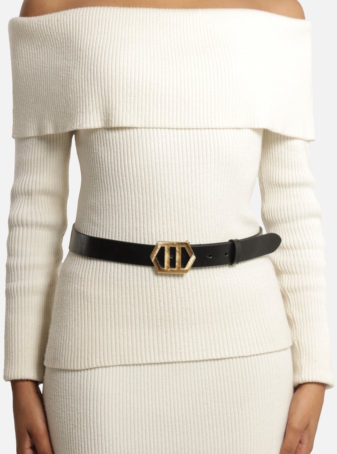 Cinto Preto Couro Médio Fivela Sextavada Dourada