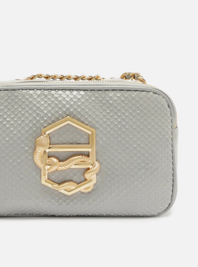 Bolsa Tiracolo Cinza Couro Snake Pequena Zíper
