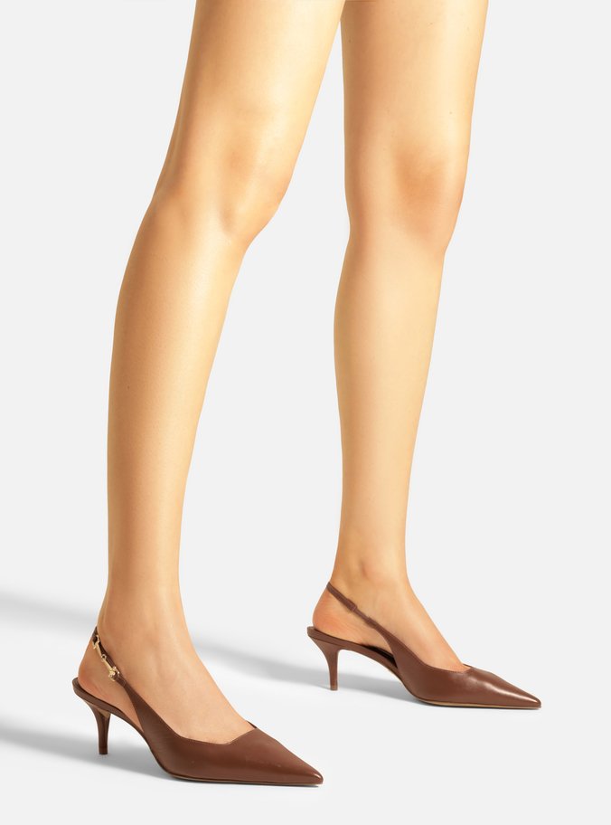 Scarpin Marrom Couro Slingback Detalhe Metal
