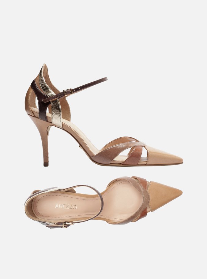 Scarpin Bege Couro Salto Fino Mix Tiras