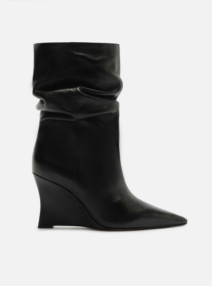 Bota Preta Couro Salto Anabela Alto Slouchy