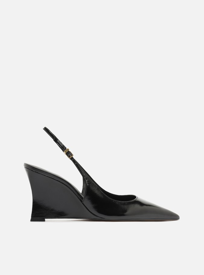 Scarpin Preto Couro Salto Anabela Slingback