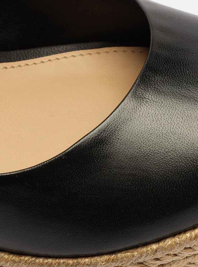 Espadrille Preta Couro Plataforma Fivela