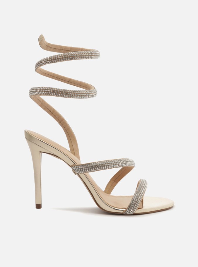 Sandália Dourada Salto Fino Espiral Strass Aria