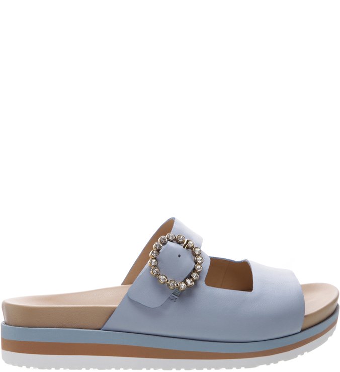 Tamanco Couro Fivela Strass Plataforma Baixo Crystal Blue