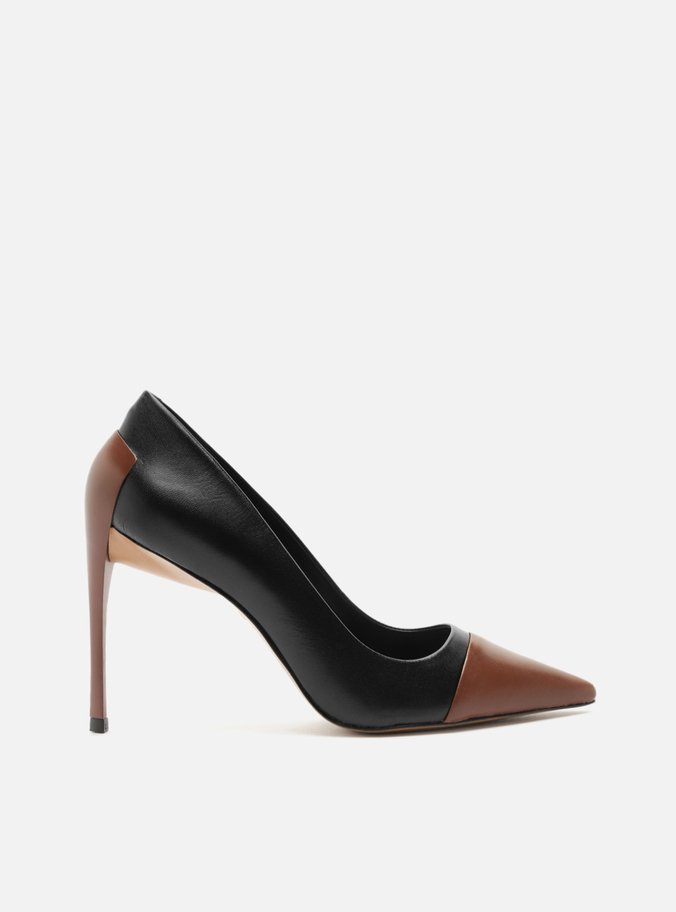 Scarpin Preto Couro Salto Fino Bico Fino Cap Toe