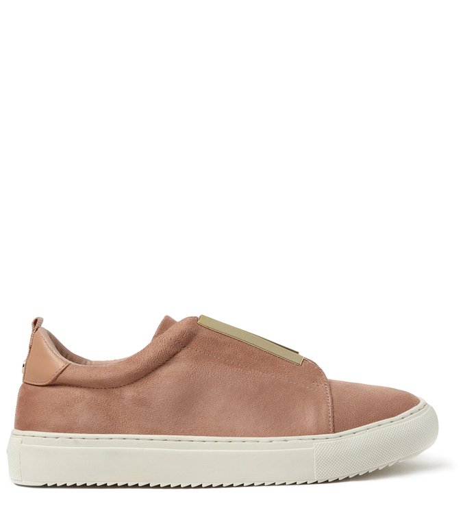 Tênis Slip On Bege Claro Acamurçado Placas Douradas