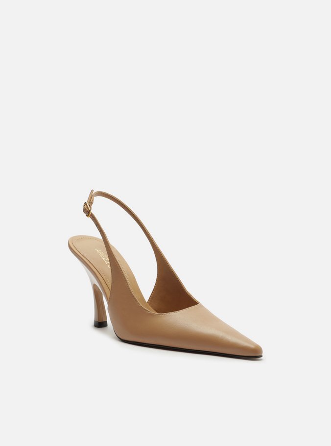 Scarpin Bege Nut Couro Salto Alto Slingback