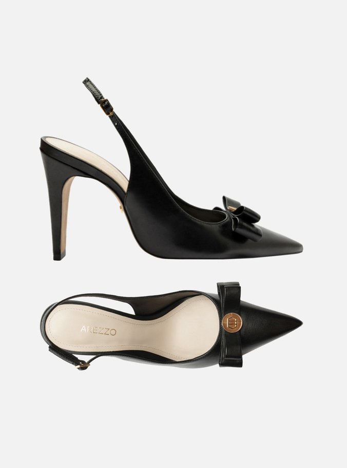 Scarpin Preto Couro Bico Fino Slingback Laço