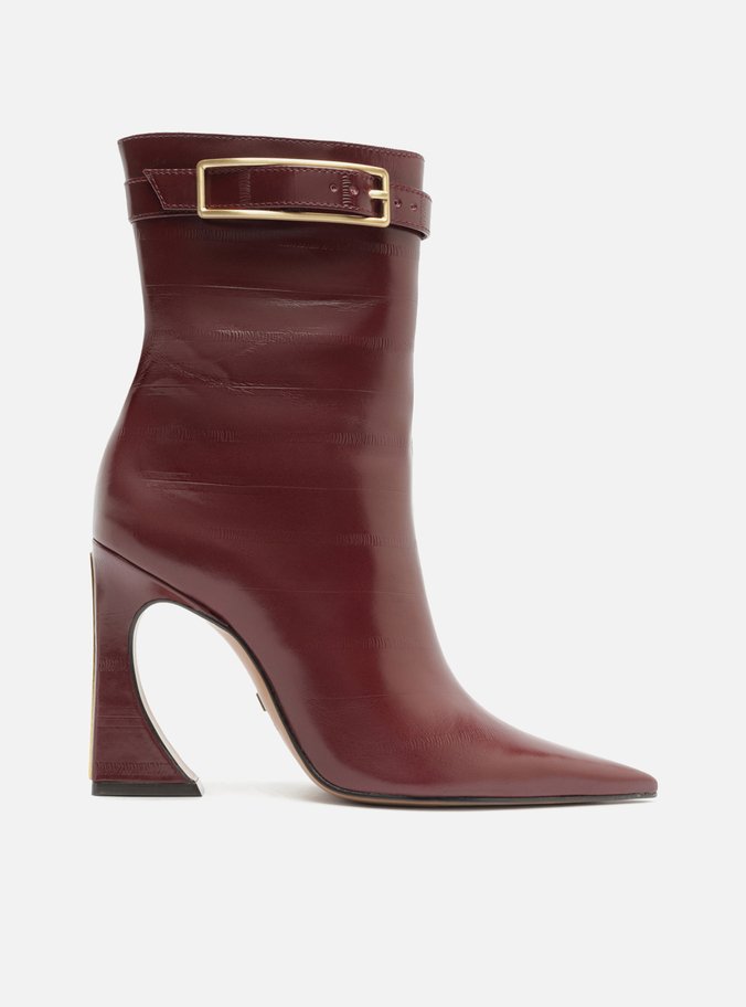 Bota Bordô Couro Cano Médio Salto Flare Fivela