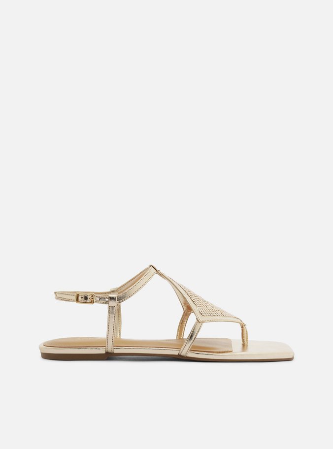 Sandália Rasteira Dourada Losango Tela
