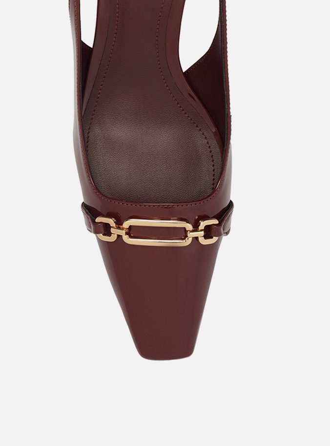 Scarpin Vinho Verniz Salto Baixo Slingback Metal