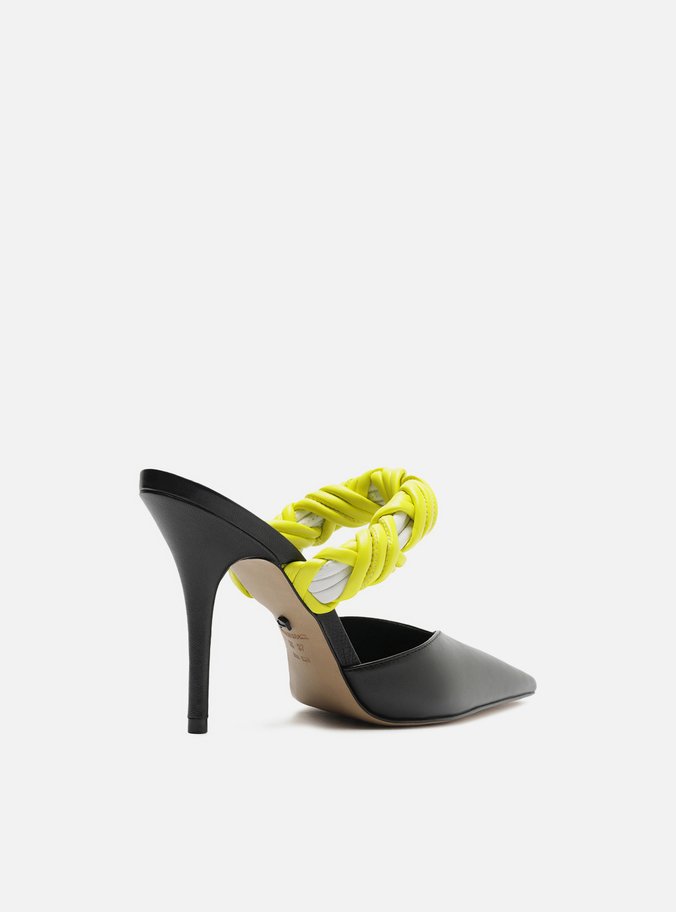 Mule Preta Couro Salto Fino Tira Mix Amarela