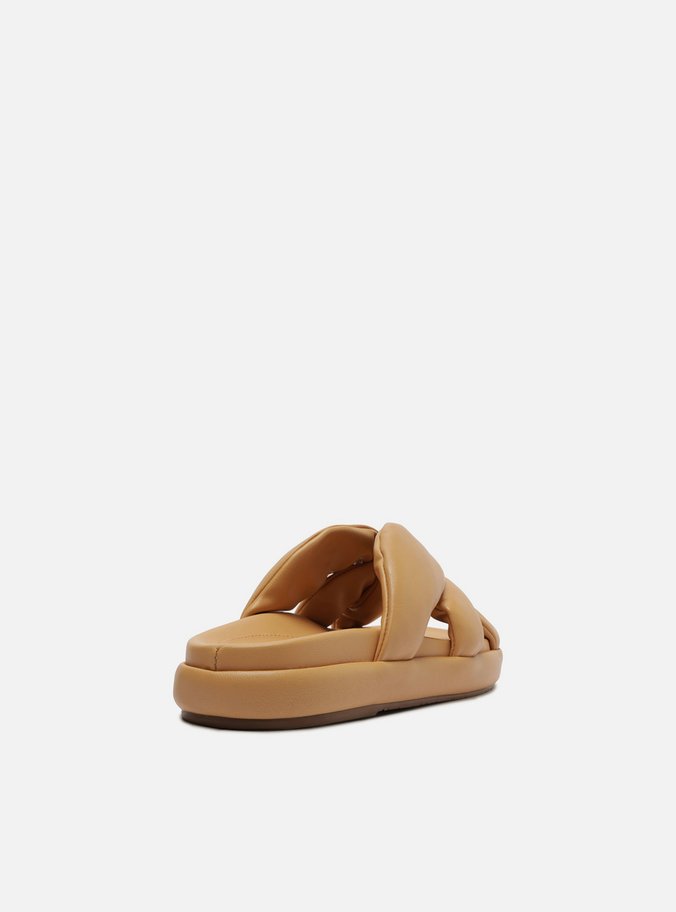 Rasteira Nude Couro Flatform Tiras Botão