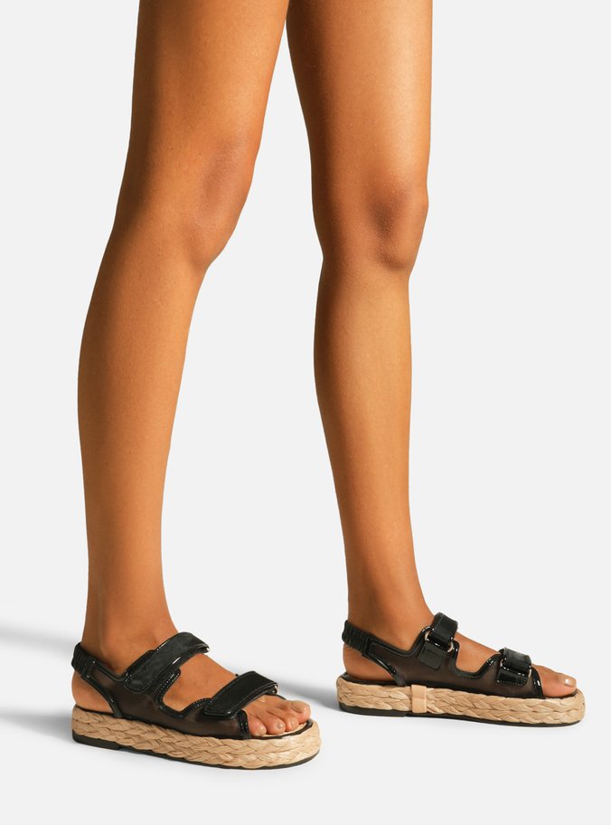 Sandália Papete Preta Tela Flatform Velcro