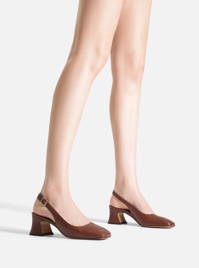 Scarpin Marrom Couro Bloco Bico Quadrado Slingback