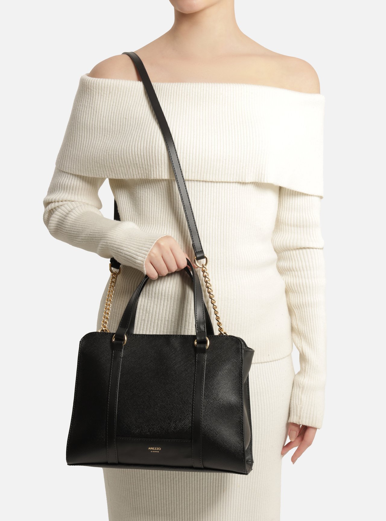 Bolsa Tote Preta Texturizada Grande Corrente — foto 6