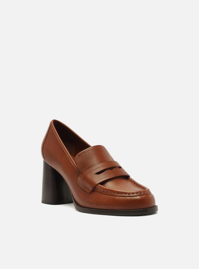 Loafer Caramelo Couro Salto Bloco Tira