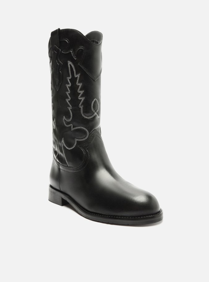Bota Preta Couro Cano Longo Bordado Western