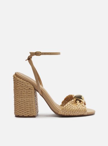 Sandália Bege Palha Salto Bloco Tira Metal