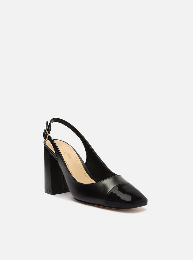 Scarpin Preto Couro Salto Bloco Cap Toe