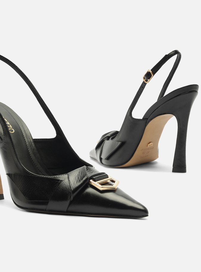 Mule Preto Couro Bico Fino Salto Alto