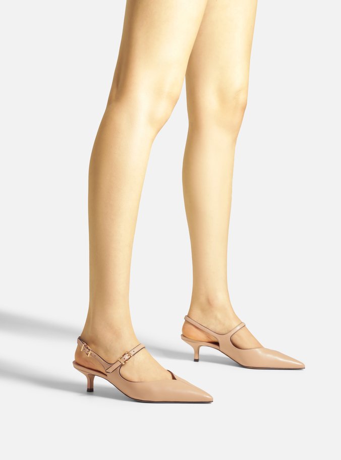 Scarpin Bege Couro Bico Fino Slingback