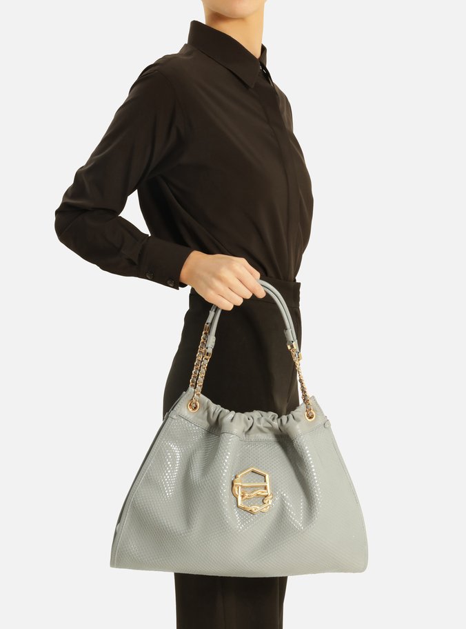 Bolsa Hobo Cinza Couro Snake Grande