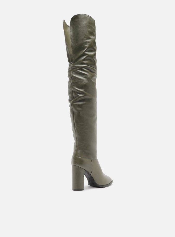 Bota Over The Knee Verde Couro Salto Fino