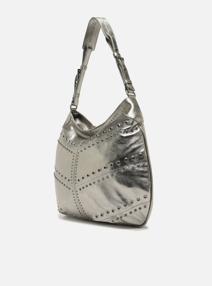 Bolsa Hobo Prata Couro Grande Ilhós