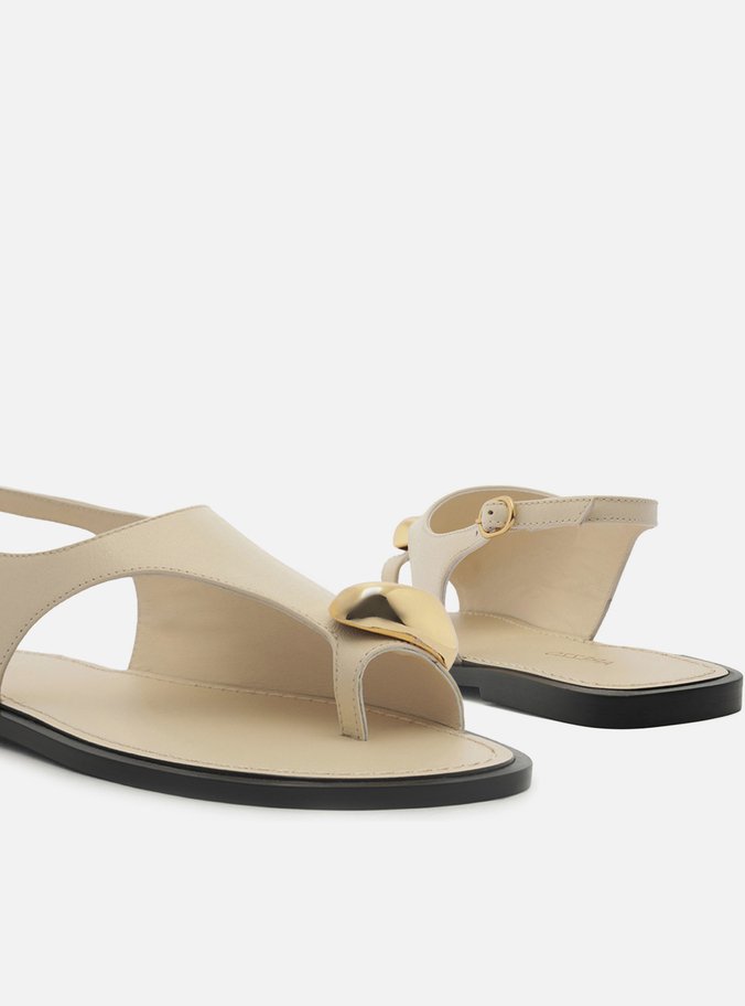 Rasteira Branca Couro Semi Coberta Metal Bold