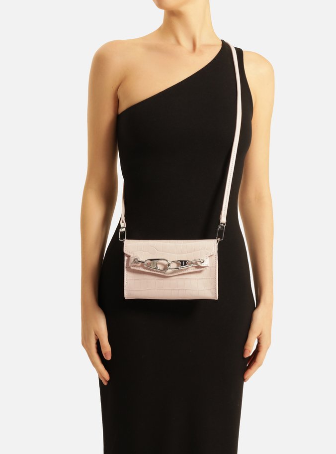 Bolsa Tiracolo Rosa Couro Croco Pequena Ganchos