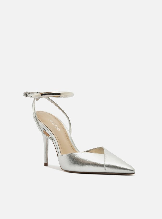 Scarpin Prata Couro Salto Alto Tira Metal
