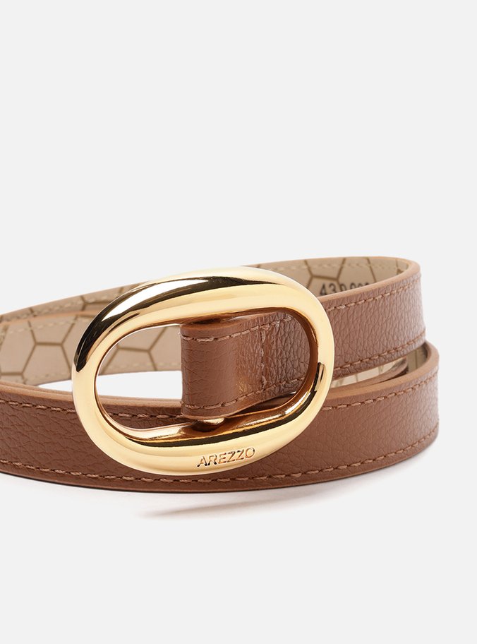 Cinto Marrom Couro Fino Fivela Oval Metal