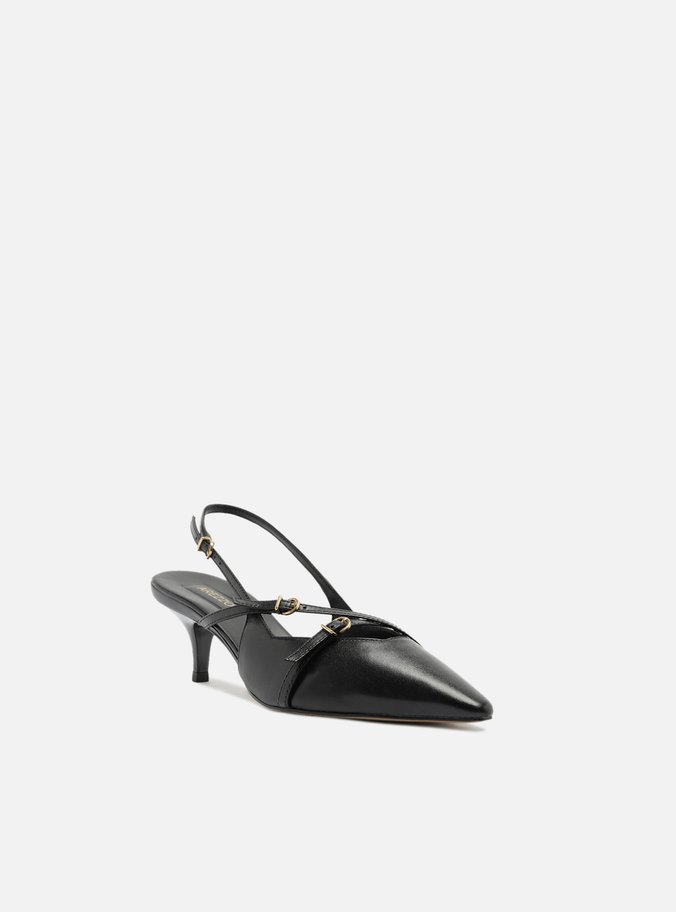 Scarpin Preto Couro Salto Médio Slingback Amélia