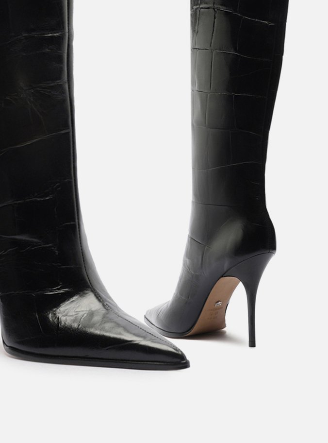 Bota Preta Croco Salto Alto Cano Médio Bico Fino