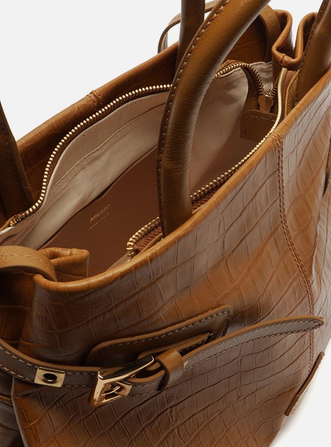 Bolsa Tote Caramelo Couro Croco Grande Fivelas