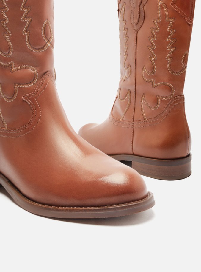 Bota Marrom Couro Cano Longo Bordado Western