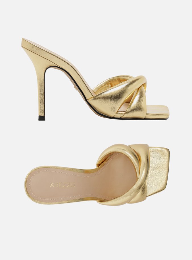 Mule Dourada Salto Alto Tiras Maxi