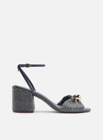 Sandália Azul Salto Médio Bloco Tramado Metal