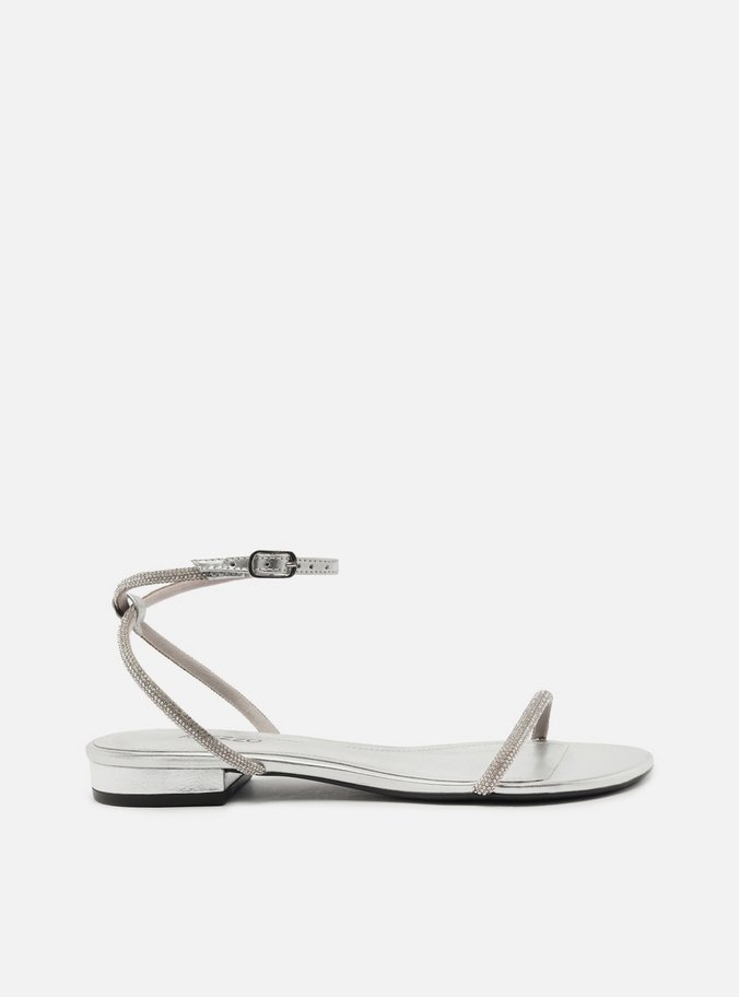 Sandália Rasteira Prata Couro Tiras Strass