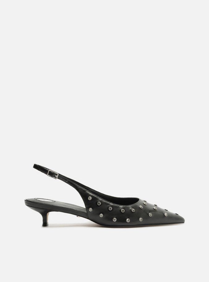 Scarpin Preto Couro Salto Kitten Slingback Tachas
