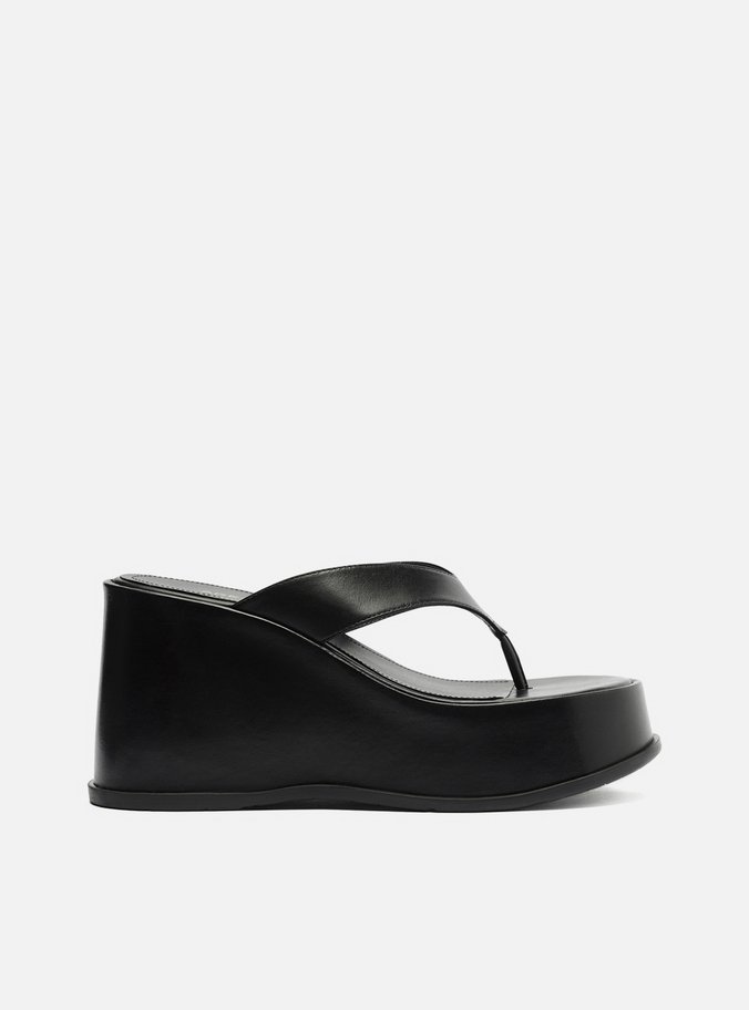Tamanco Preto Couro Plataforma Thong